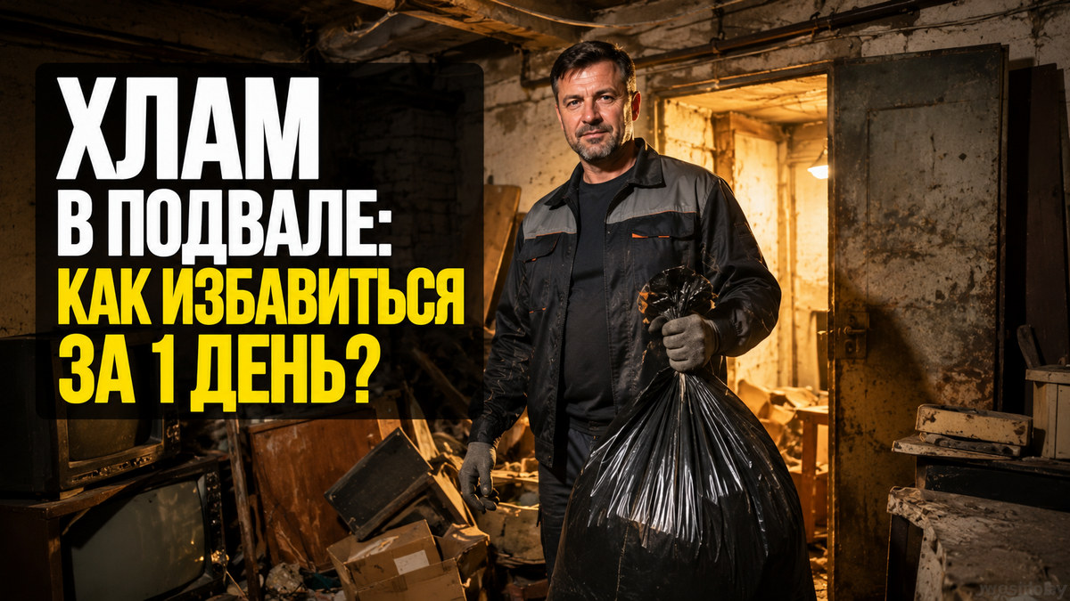Захламлённый подвал в Минске и грузчики Gryzchik.By, профессиональная уборка и вывоз мусора за один день