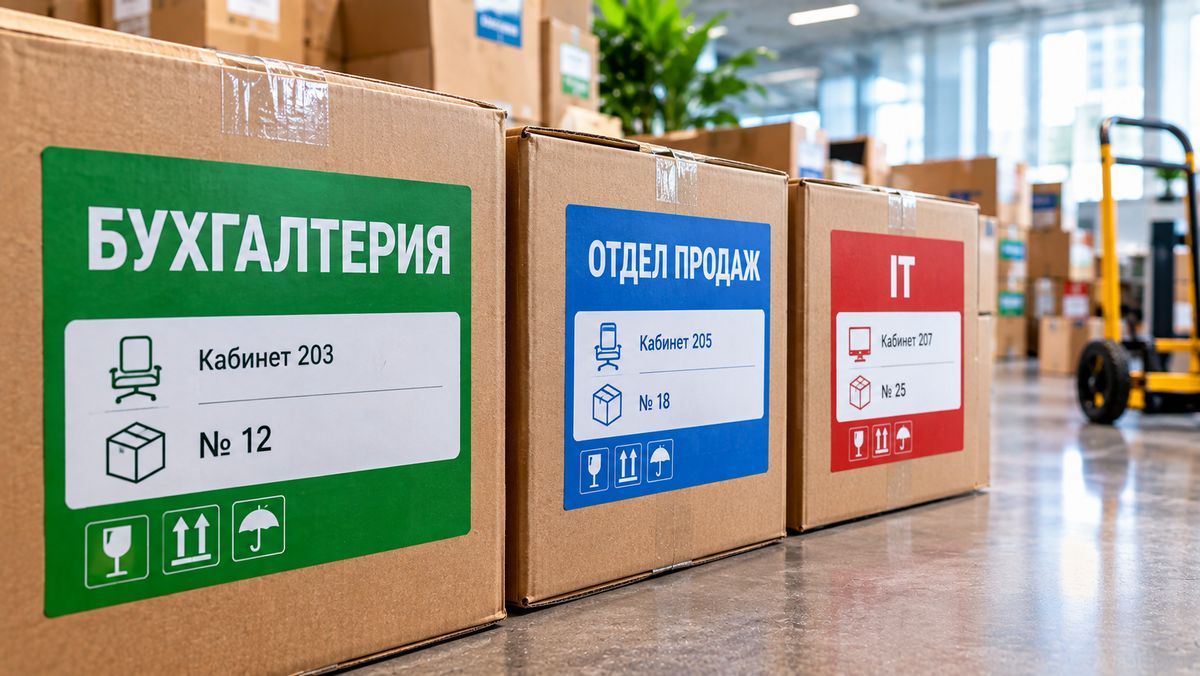 Система цветовой маркировки коробок при переезде офиса и склада Ряды коробок с цветовой маркировкой по отделам: бухгалтерия, отдел продаж, IT, администрация при переезде компании